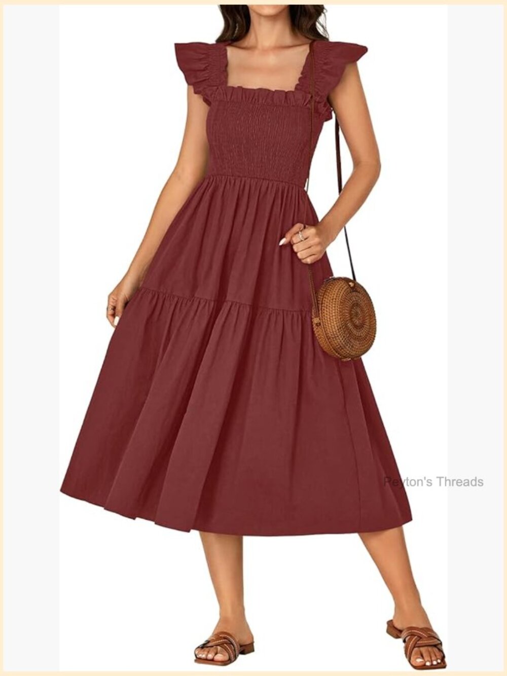 Square Neck Smocked Ruffle Sleeveless A-Line Midi Sundress